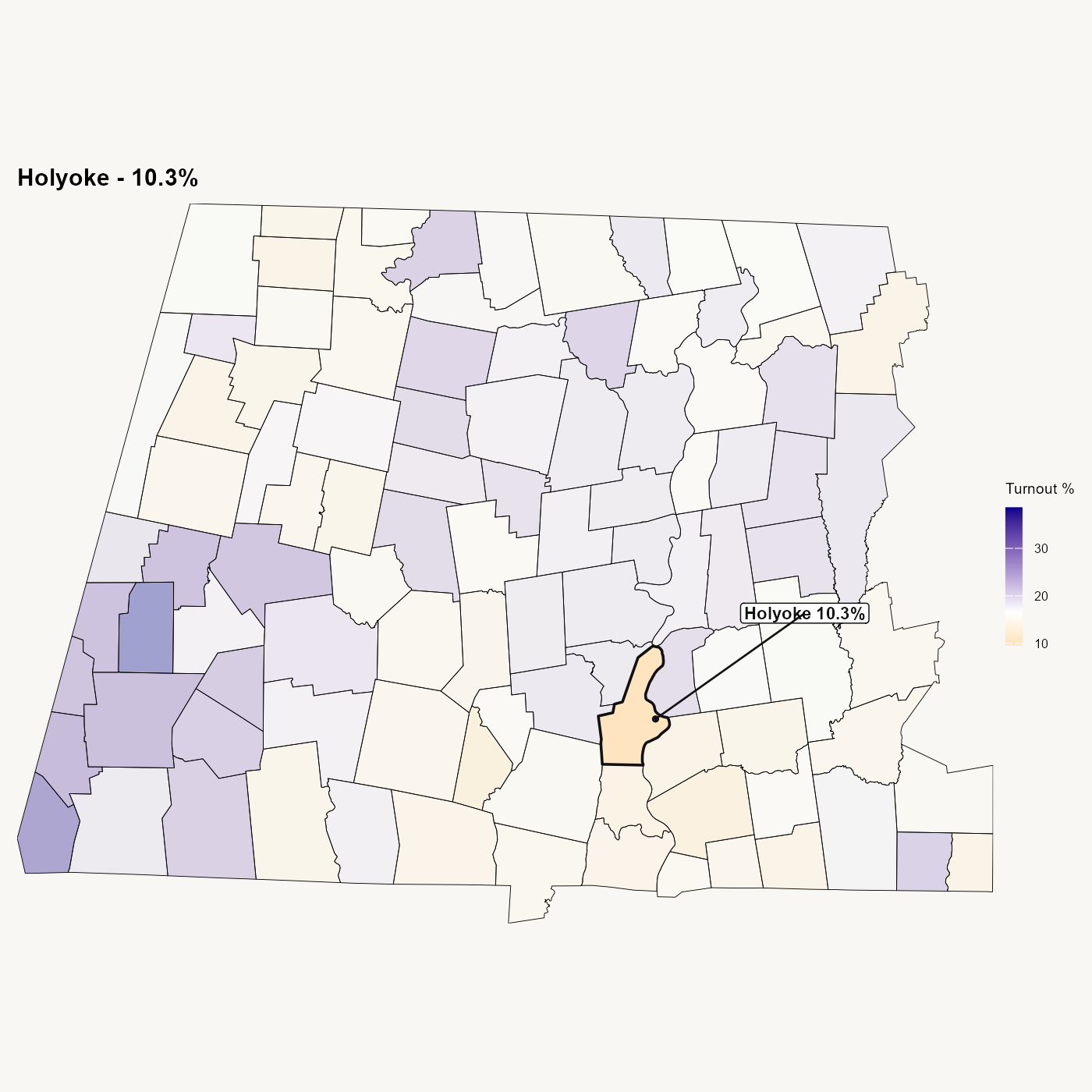 Same map with Holyoke labeled at 10.3% turnout.