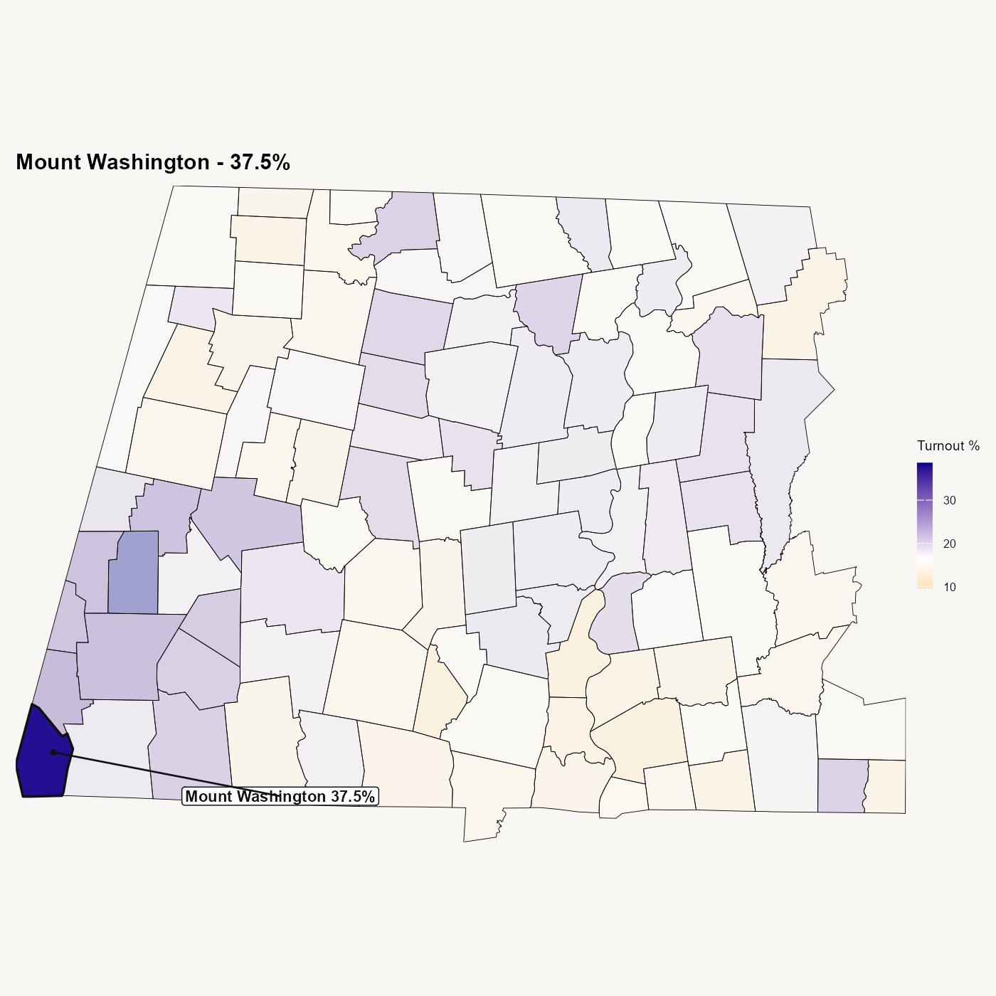 Same map with Mount Washington labeled at 37.5% turnout.