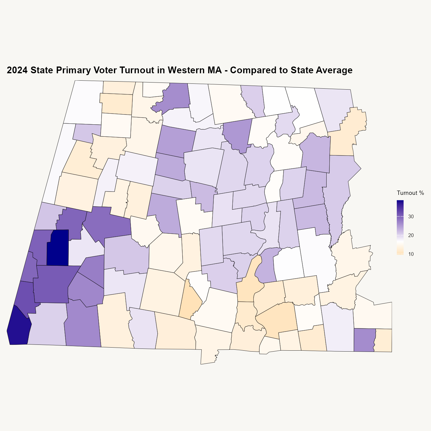 Western Massachusetts towns colored by 2024 state primary voter turnout, compared to the 16.6% state average.