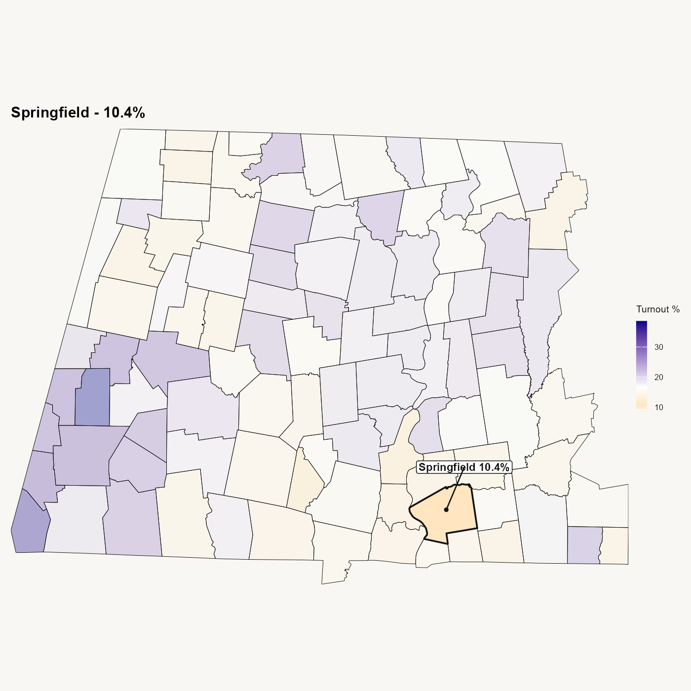 Same map with Springfield labeled at 10.4% turnout.