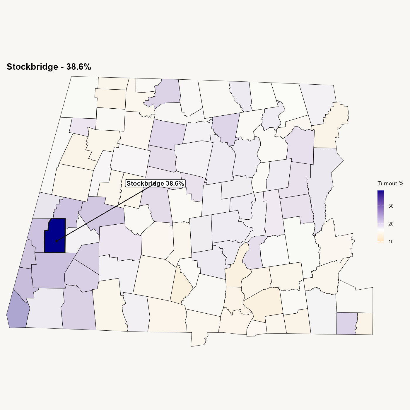 Same map with Stockbridge labeled at 38.6% turnout.